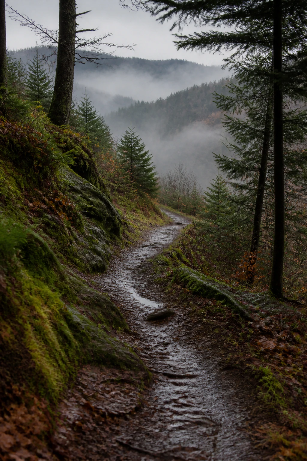 Sentier boueux et crête de sapins dans le brouillard des Ardennes.